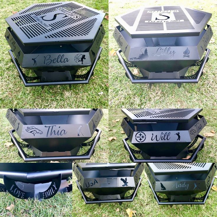 four different grills sitting in the grass with their names engraved on each one side