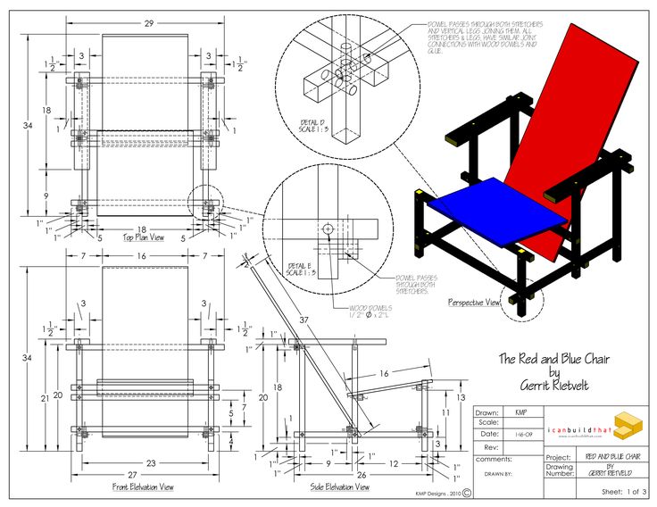 an image of a blueprinted chair with red seat and armrests on it