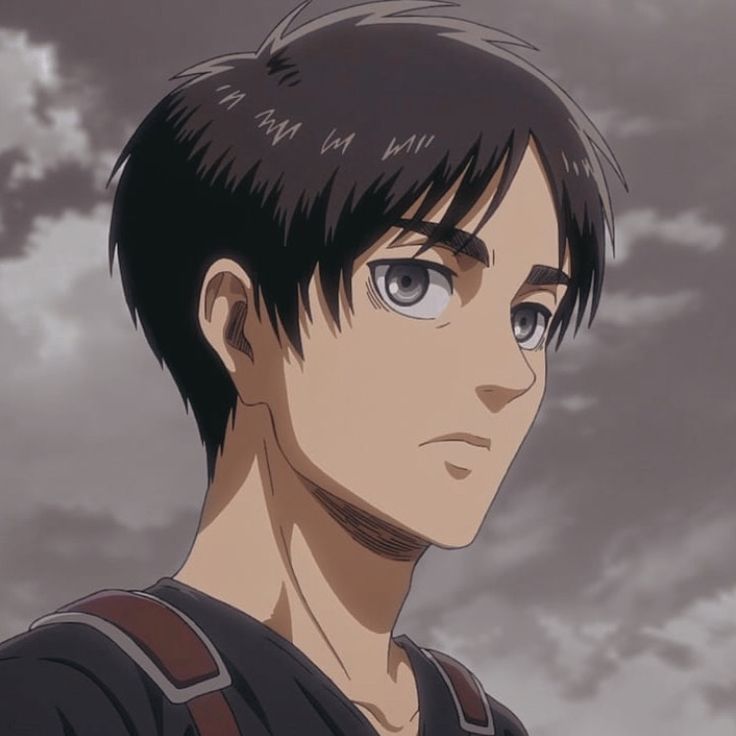 an anime character with green eyes looking at the camera while standing in front of some clouds