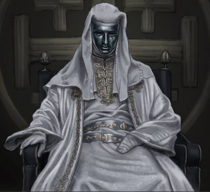 a painting of a man sitting in a chair wearing a white robe and headdress