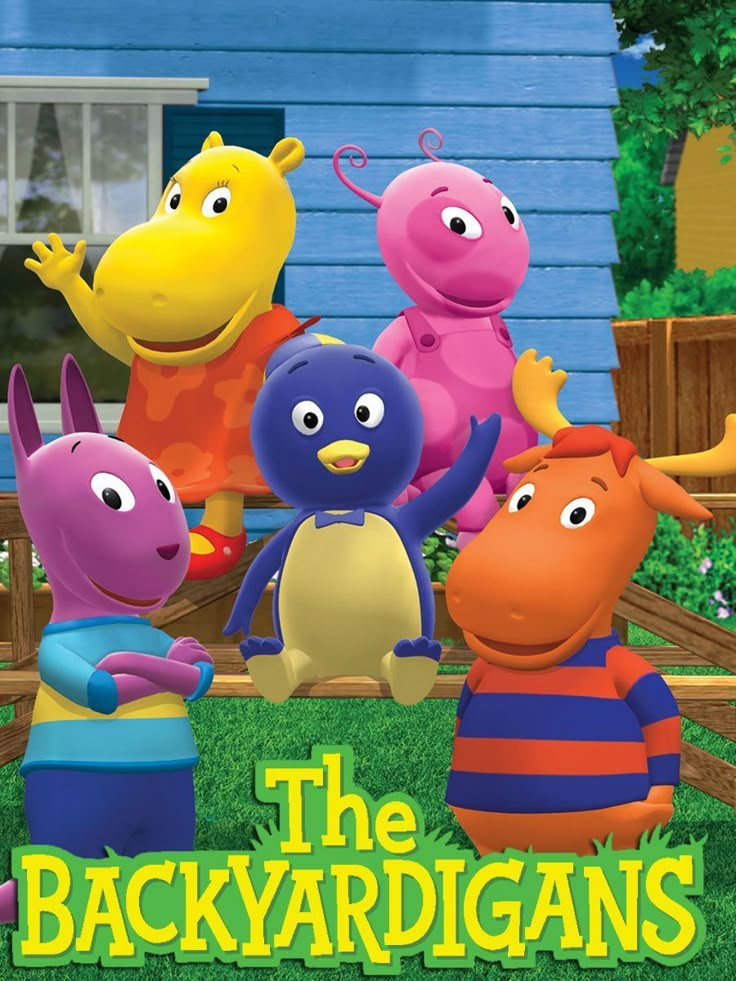 the backyardigans movie poster with three cartoon characters in front of a blue house