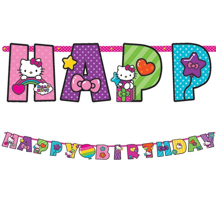 a happy birthday banner with hello kitty on it