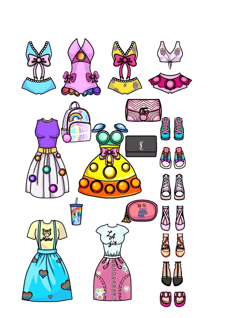 an assortment of clothes and shoes for dolls on a white background, including purses