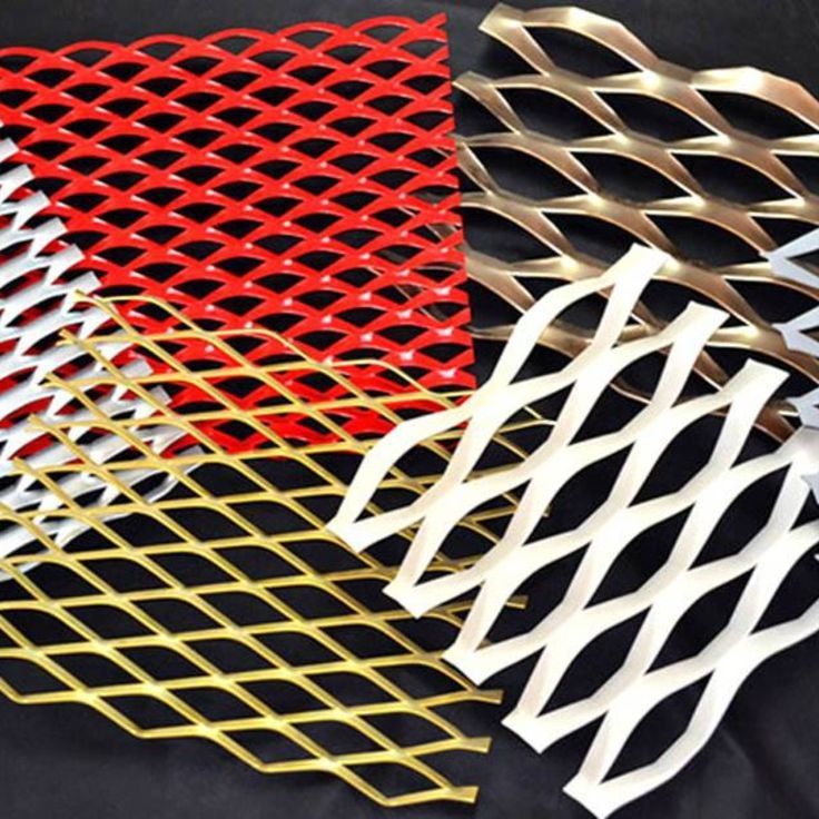 four different types of metal mesh on a black background with gold, silver and red