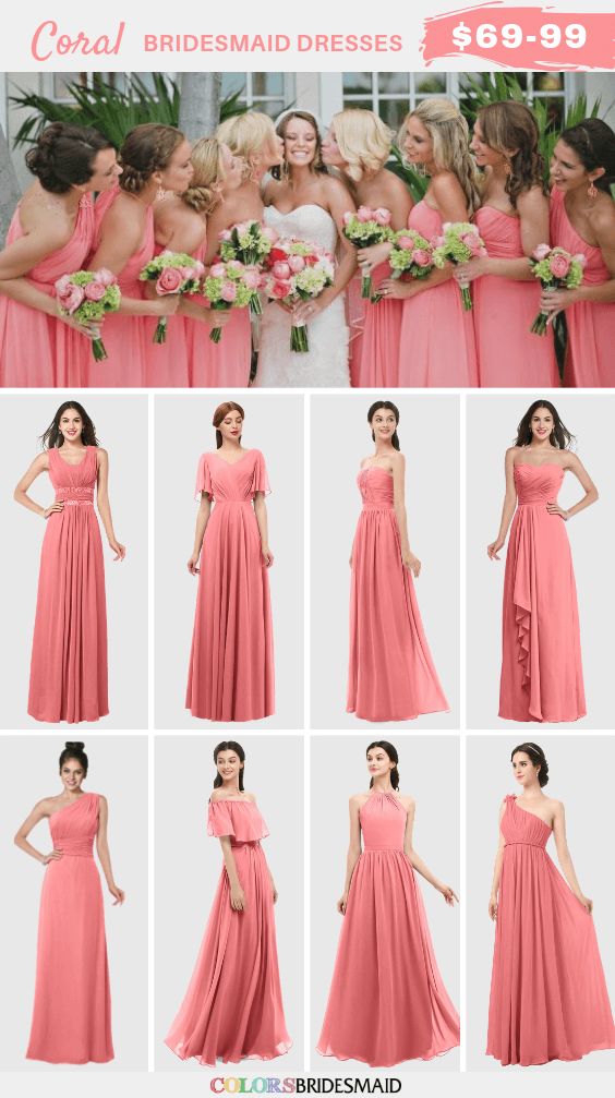 the bridesmaid dresses are in different styles and colors, but not all pink