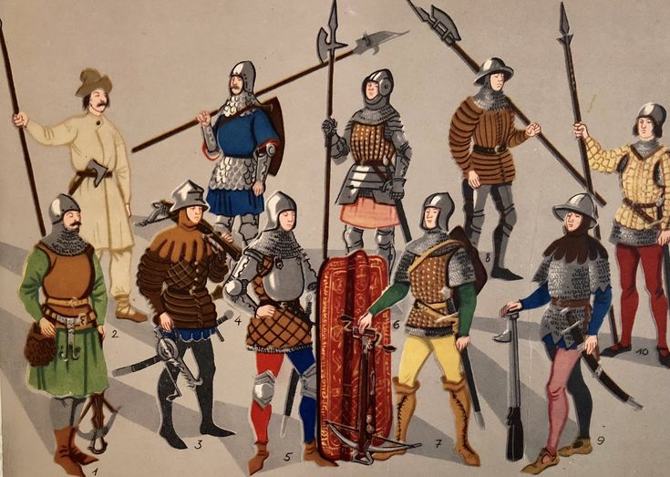 an illustration of men dressed in medieval clothing and holding spears, standing next to each other