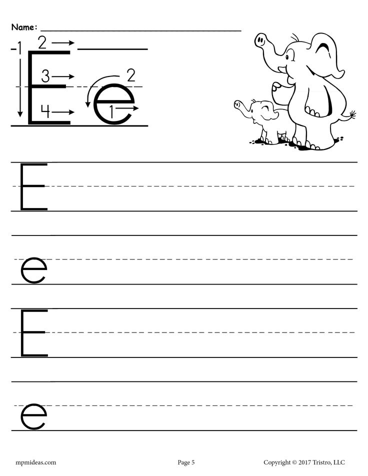 the letter e worksheet with an elephant and its baby in it's handwriting