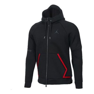 Air Jordan Athleisure Casual Sports Hooded Jacket Black 939941-010 (Men's) Sporty Black Hooded Jacket For Streetwear, Black Sporty Hoodie For Light Sports, Sportswear Track Jacket With Adjustable Hood, Sports Sweatshirt With Drawstring Hood, Sportswear Hoodie Sweat Resistant For Sports, Fleece Track Jacket For Streetwear In Athleisure Style, Sports Fleece Athleisure Hoodie, Sportswear Hoodie For Sports, Sweat Resistant Sportswear Hoodie For Sports