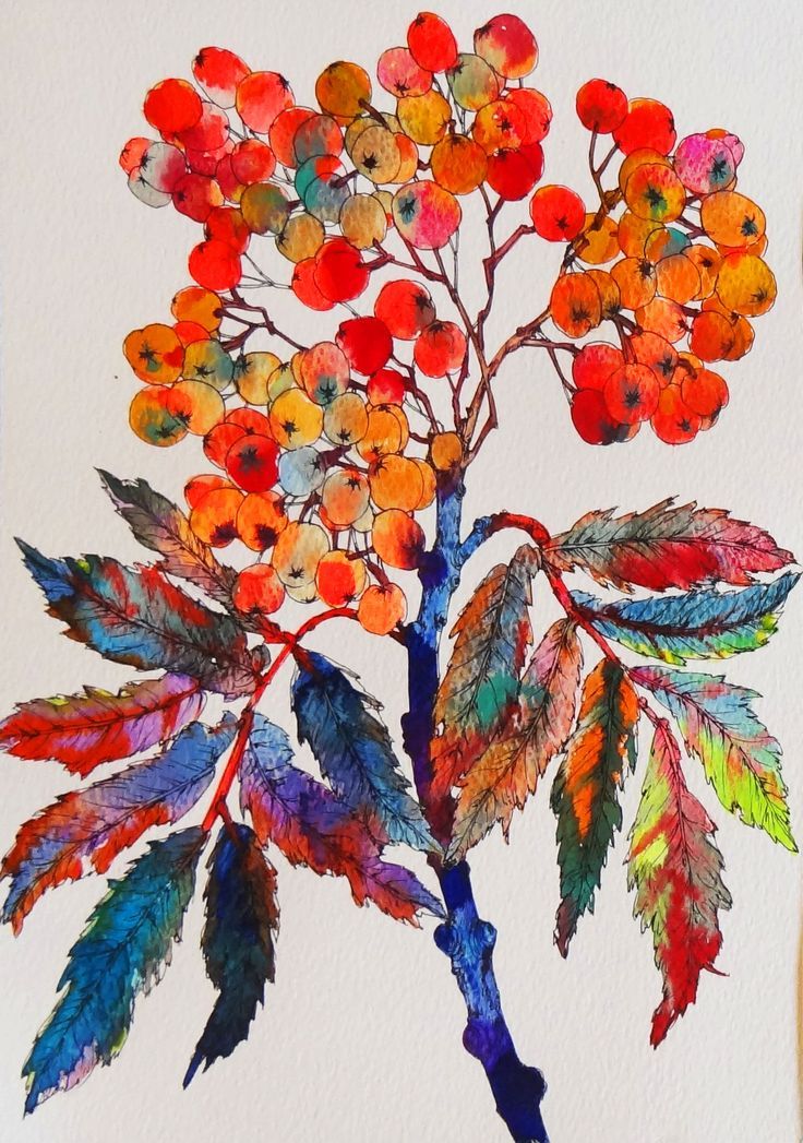 a watercolor painting of flowers and leaves on white paper with colored pencils in the background