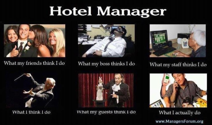 a bunch of pictures with some words on them that say hotel manager and what they think i do