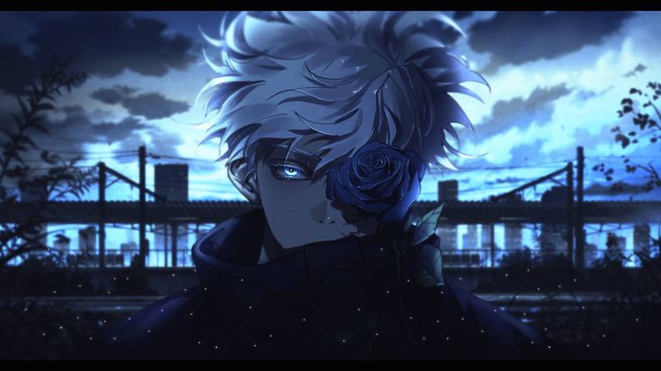 an anime character with white hair and blue eyes looks at the camera in front of a cloudy sky