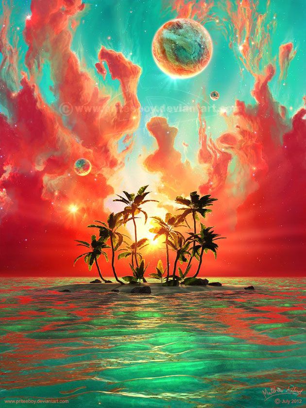 an island in the ocean with palm trees and planets above it, surrounded by clouds