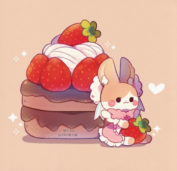 a cartoon bunny sitting next to a cake with strawberries on top