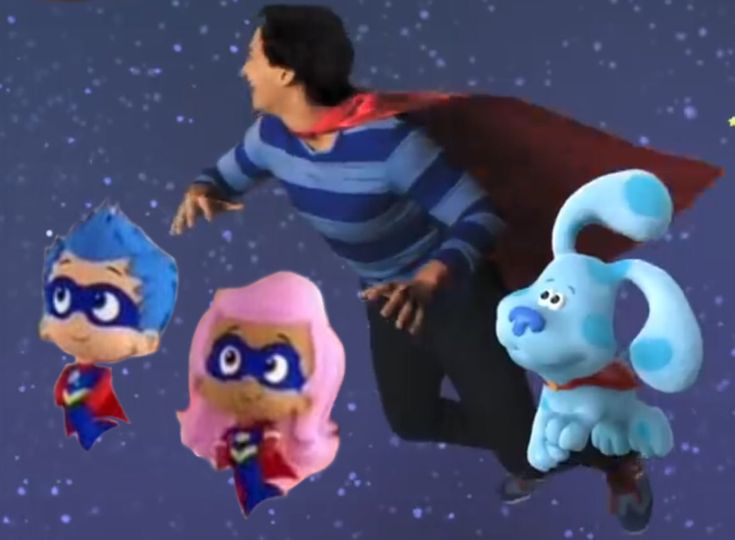 an animated character flying through the air with other characters around him and on his back