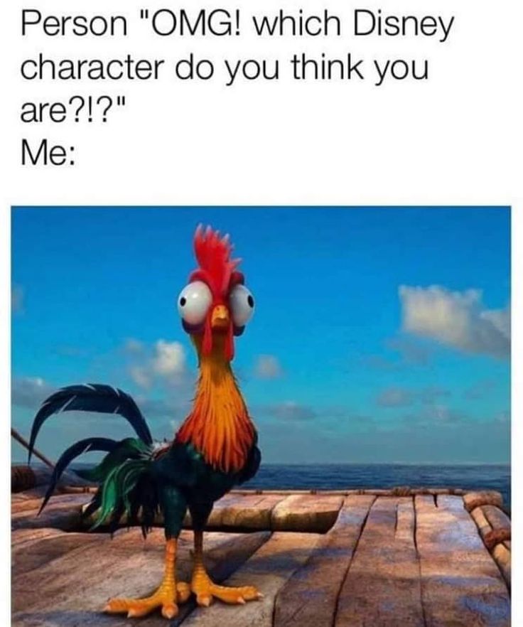 a chicken standing on top of a wooden floor next to the ocean with caption that reads, person omg which disney character do you think you are????? me?