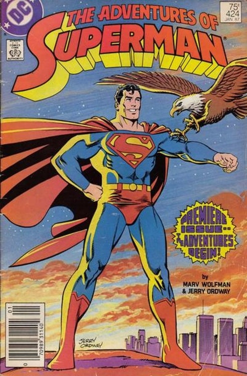 the adventures of superman comic book cover with an eagle flying over him and another man standing on