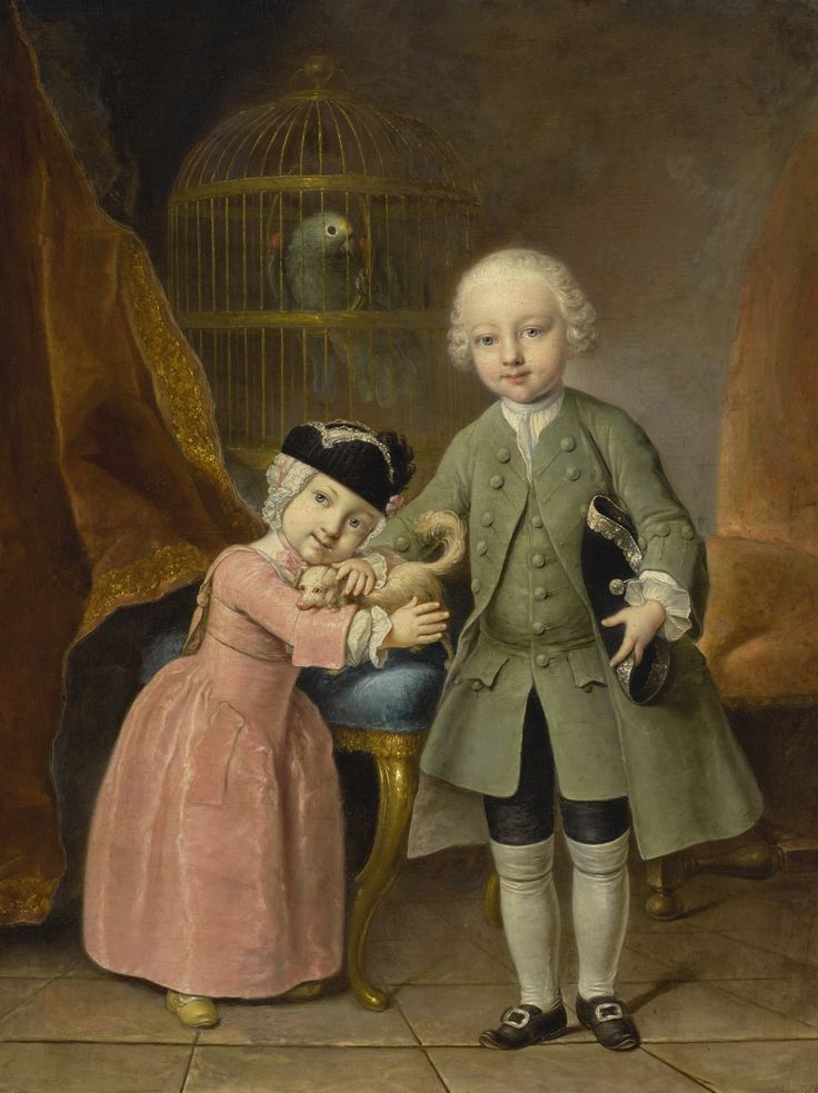 a painting of two children in front of a birdcage with one holding the other's hand