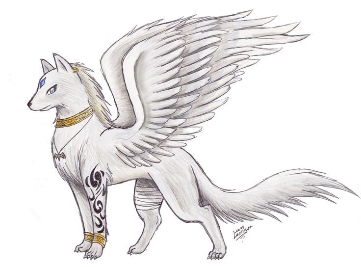 a drawing of a white wolf with wings on it's back and gold jewelry around its neck