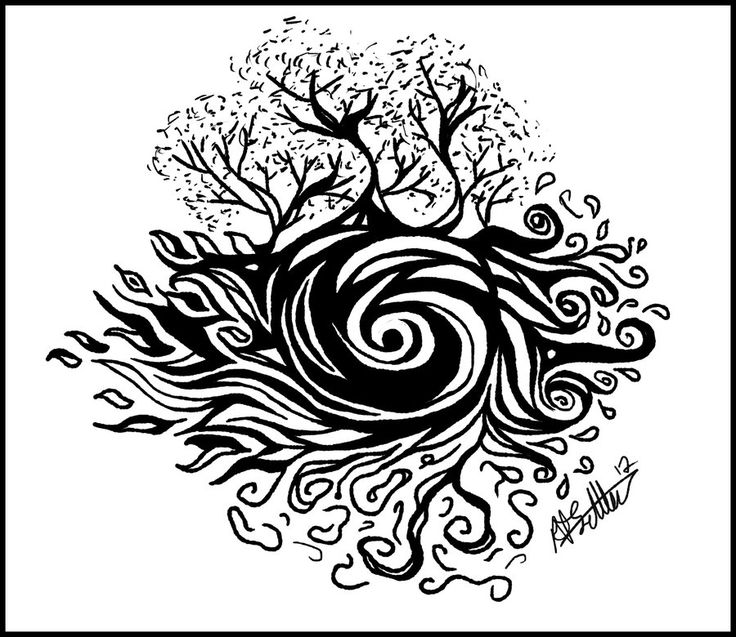 a black and white drawing of trees with swirls