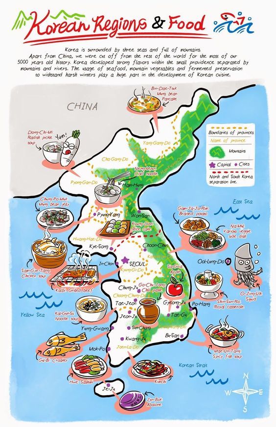 an illustrated map of the korean region and its food