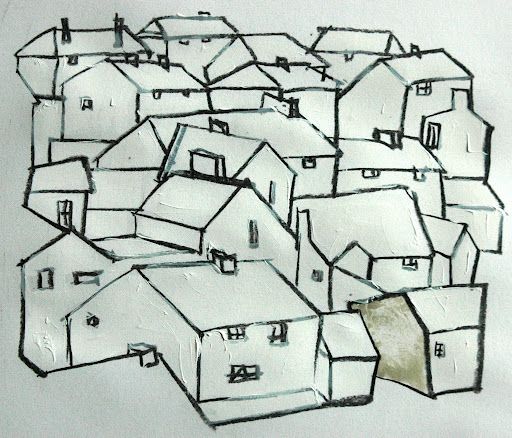 this is a drawing of houses in the middle of a town that has been drawn on paper