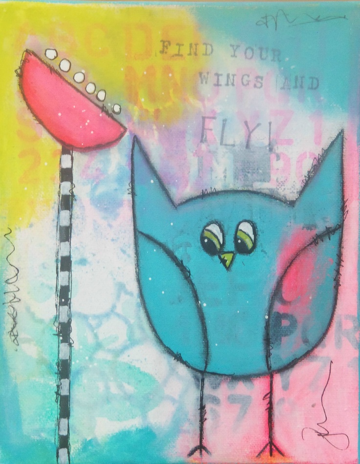 a painting of a blue bird holding a pink frisbee with the words find your wings and fly on it