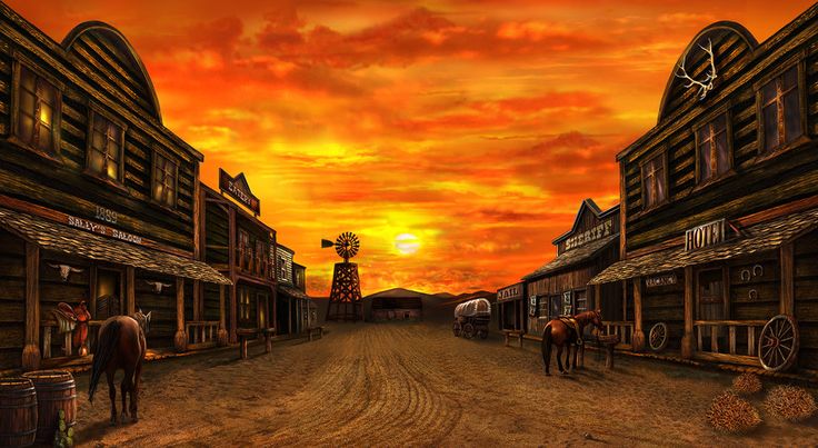 an old western town at sunset with horses