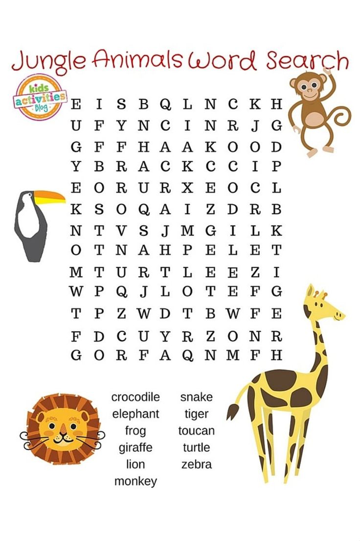 the jungle animals word search is shown