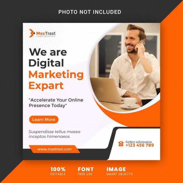 an orange and white business flyer with a man on his laptop talking on the phone