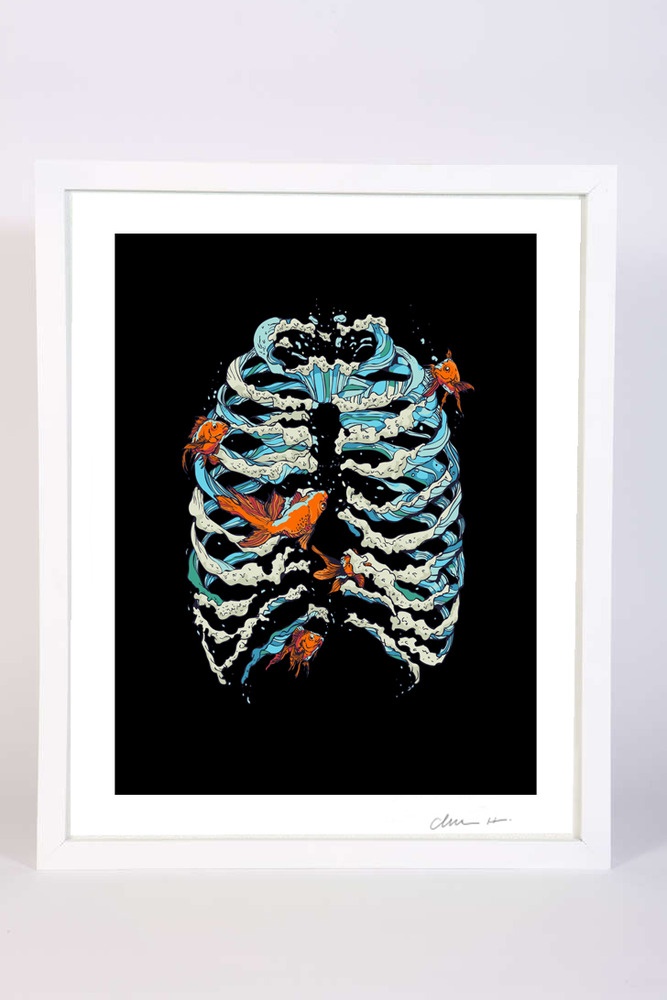 an image of a skeleton with fish in it's ribcage and black background