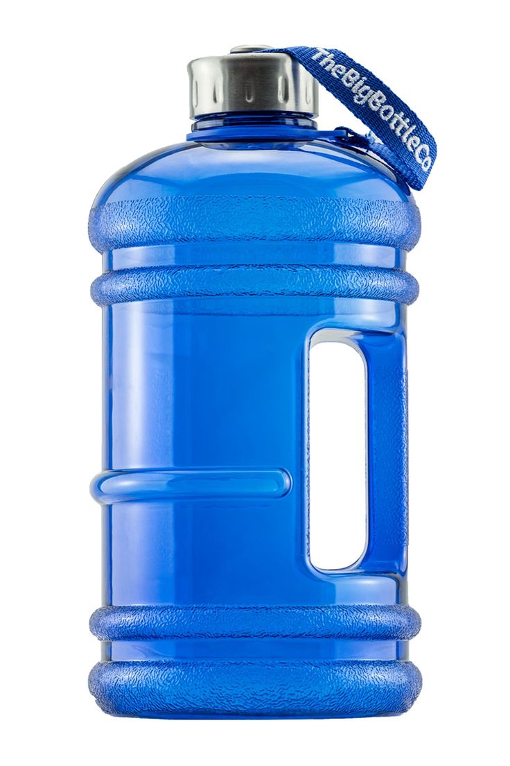 a large blue water bottle with a black cap