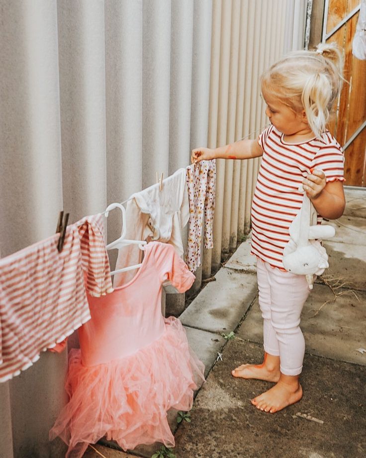 👗 MINI CLOTHESLINE 👗 ⁣ ⁣ Today we strung up a mini-clothesline for Mia to hang her washing on! It’s located just below the real one so is a perfect for both of us - we can work together, I can keep an eye on her and get the washing done! ⁣ ⁣ I bought her some craft pegs from @kmartaus that are about half the size of normal pegs so she knows which ones are hers. The pegs are great for fine motor practice and hanging/pegging at the same time requires a little bit of hand-eye coordination too! 👚 Fine Motor Practice, She Knows, Real One, Clothes Line, An Eye, Toddler Activities, Fine Motor, Tulle Skirt