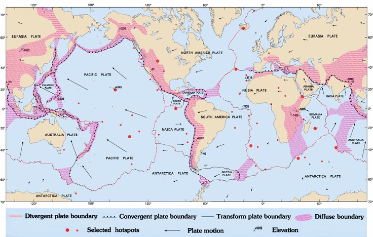 a map showing the location of different types of landforms in the world, including water and land