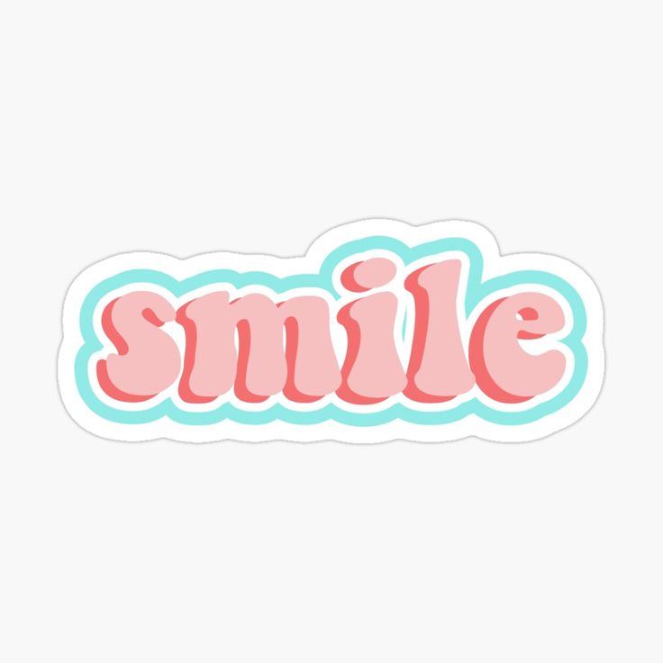 the word smile in pink and blue on a white background sticker with an image of a