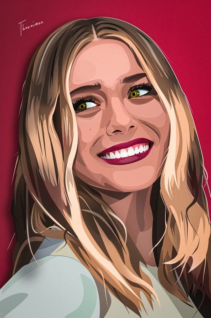 a painting of a woman with long blonde hair and green eyes on a red background