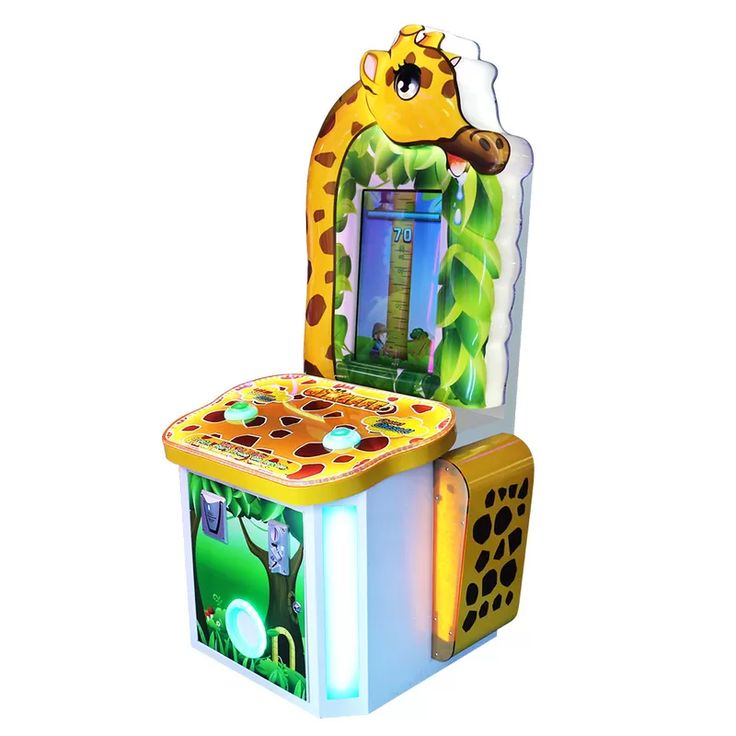 a giraffe game machine sitting on top of a white table next to a green object