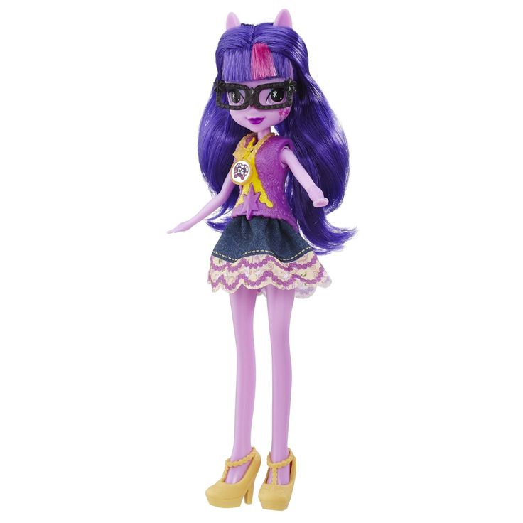 a doll with purple hair and glasses holding a yellow object in her hand on a white background