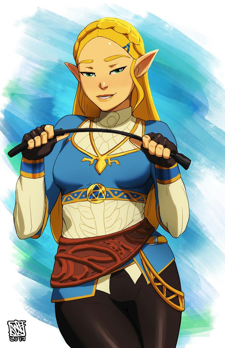 a drawing of a woman with blonde hair and blue shirt holding two swords in her hands