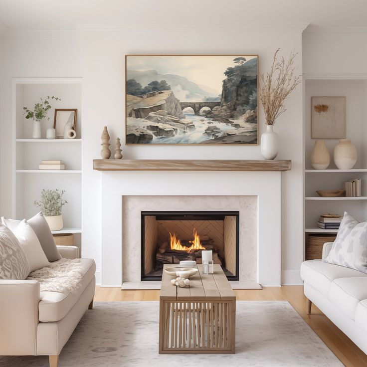 a living room filled with furniture and a fire place in front of a painting on the wall