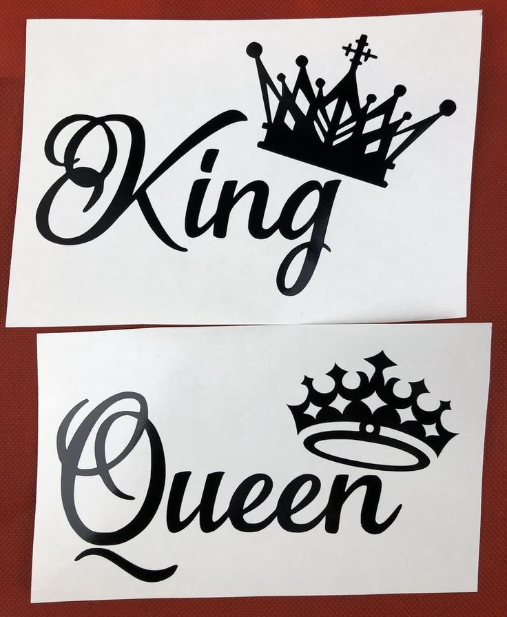 two black and white stickers with the words king and queen written in cursive font