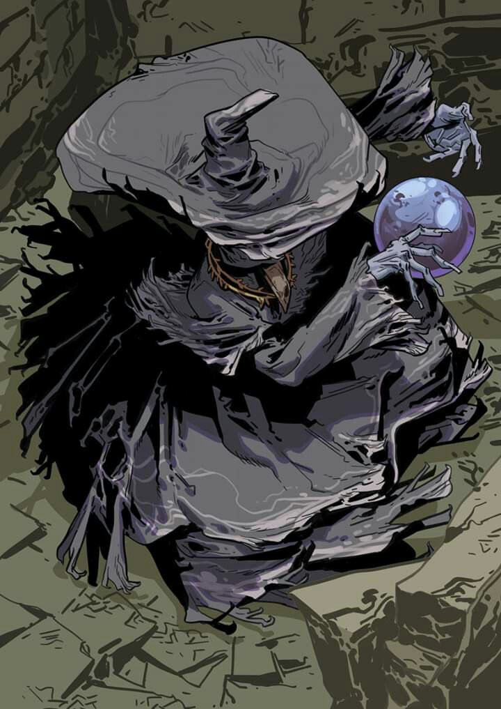 a drawing of a wizard holding a crystal ball in his hand and wearing a hat