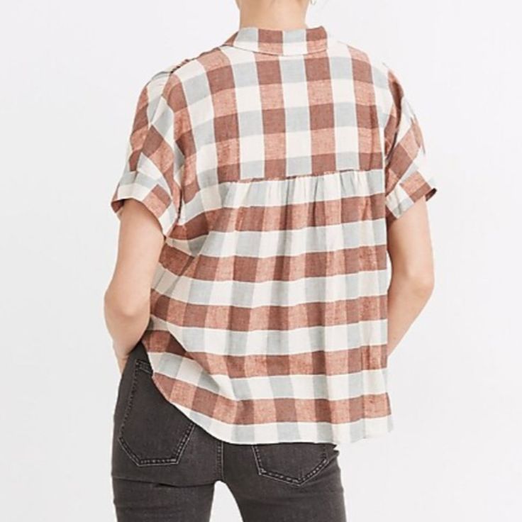 Nwot. Easy, Airy And Just A Touch Cropped, This Best-Selling Shirt Has A Shirred Back And A Softly Curved Hem. Made Of A Breezy Linen Blend, It Comes In Picnic-Y Oversized Gingham Checks. Cropped Fit. Body Length From High Point Of Shoulder: 23 1/4". Linen/Viscose. Machine Wash. Plaid Cotton Tops For Daywear, Relaxed Fit Gingham Cotton Top, Relaxed Fit Cotton Gingham Tops, Cotton Gingham Top For Daywear, Gingham Button-up Tops For Daywear, Everyday Plaid Summer Tops, Everyday Plaid Tops For Spring, Cotton Gingham Tops For Everyday, Plaid Tops For Everyday Spring Wear