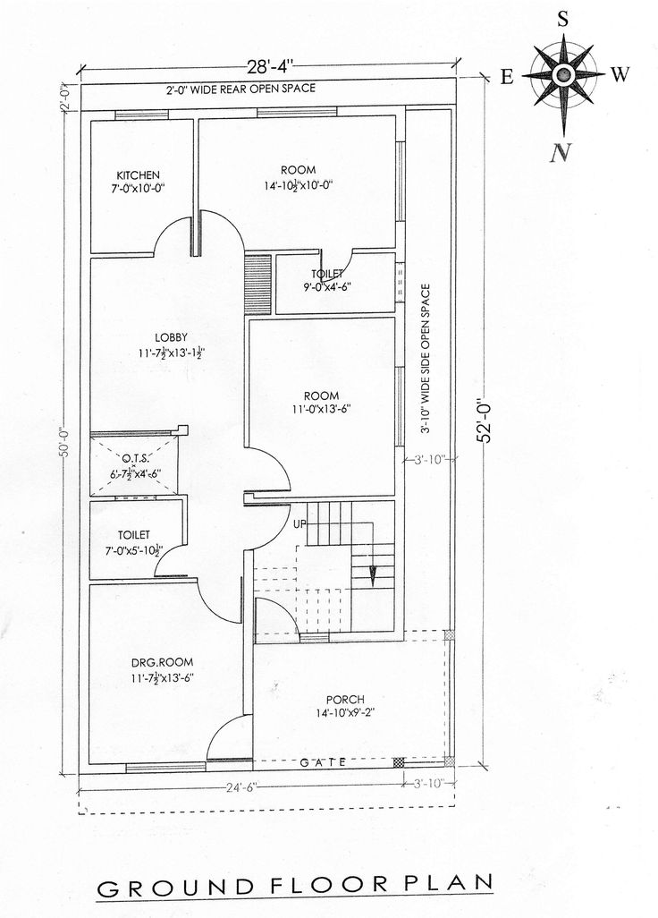 the ground plan for a small house with two floors and one bedroom on each side