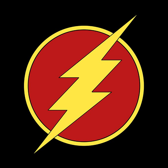 the flash logo is red and yellow with a lightening bolt on it's center