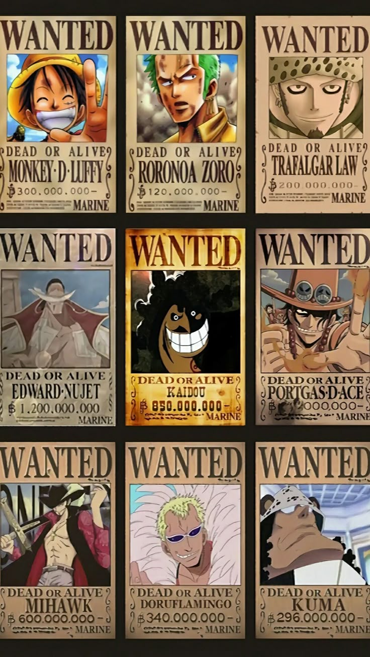 the wanted poster for one piece is shown in different colors and sizes, as well as characters