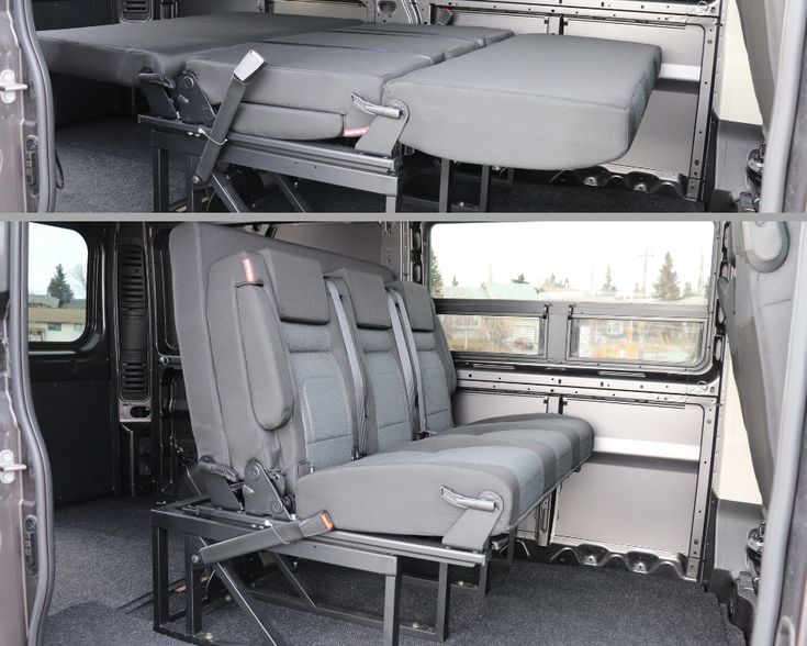 two pictures of the inside of a vehicle with seats in place to seat up and down