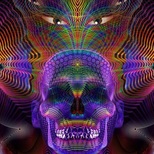 an abstract image with a skull in the center and colorful lines on it's face