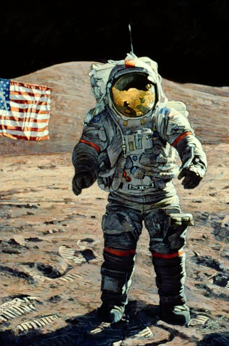 an astronaut standing on the moon next to an american flag