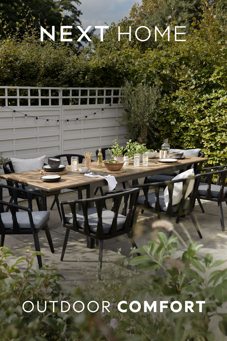 an outdoor table and chairs with the text next home