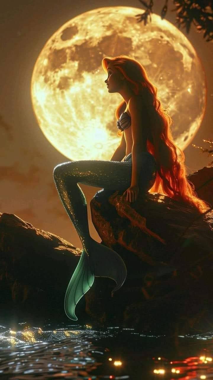 a mermaid sitting on top of a rock next to the ocean with a full moon in the background